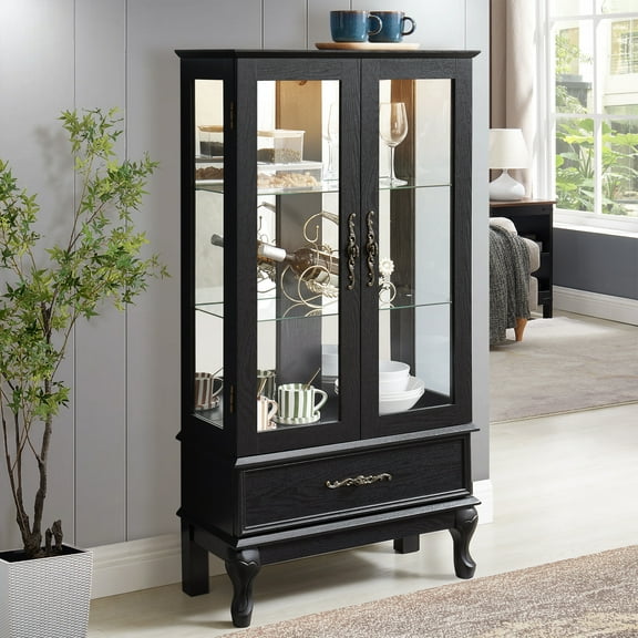 HIUU Small China Cabinets with Glass Doors for Dining Room,Glass Display Cabinets,Curio Display Cabinet,Lighted Curio Cabinet with Lights(Black)