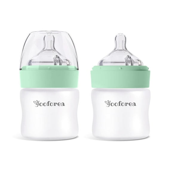 Yooforea Silicone Coated Glass Baby Bottle, 0M  Slow Flow Nipple I Anti-Colic, Wide Neck, Stable Base I Medical-Grade Silicone Coating for Shatter Protection, BPA BPS PVC Free (2 Pack, 3 Ounce-Tea)