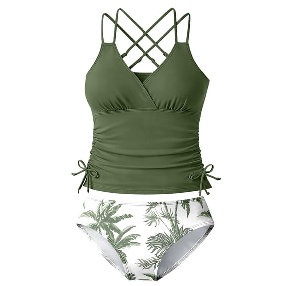 Big Girls Swimsuit Adjustable Straps Floral print Two Piece tankini set Bathing Suit Graphic Sleeveless with briefs For Beach Pool,Green,Age 15 Y-16 Y