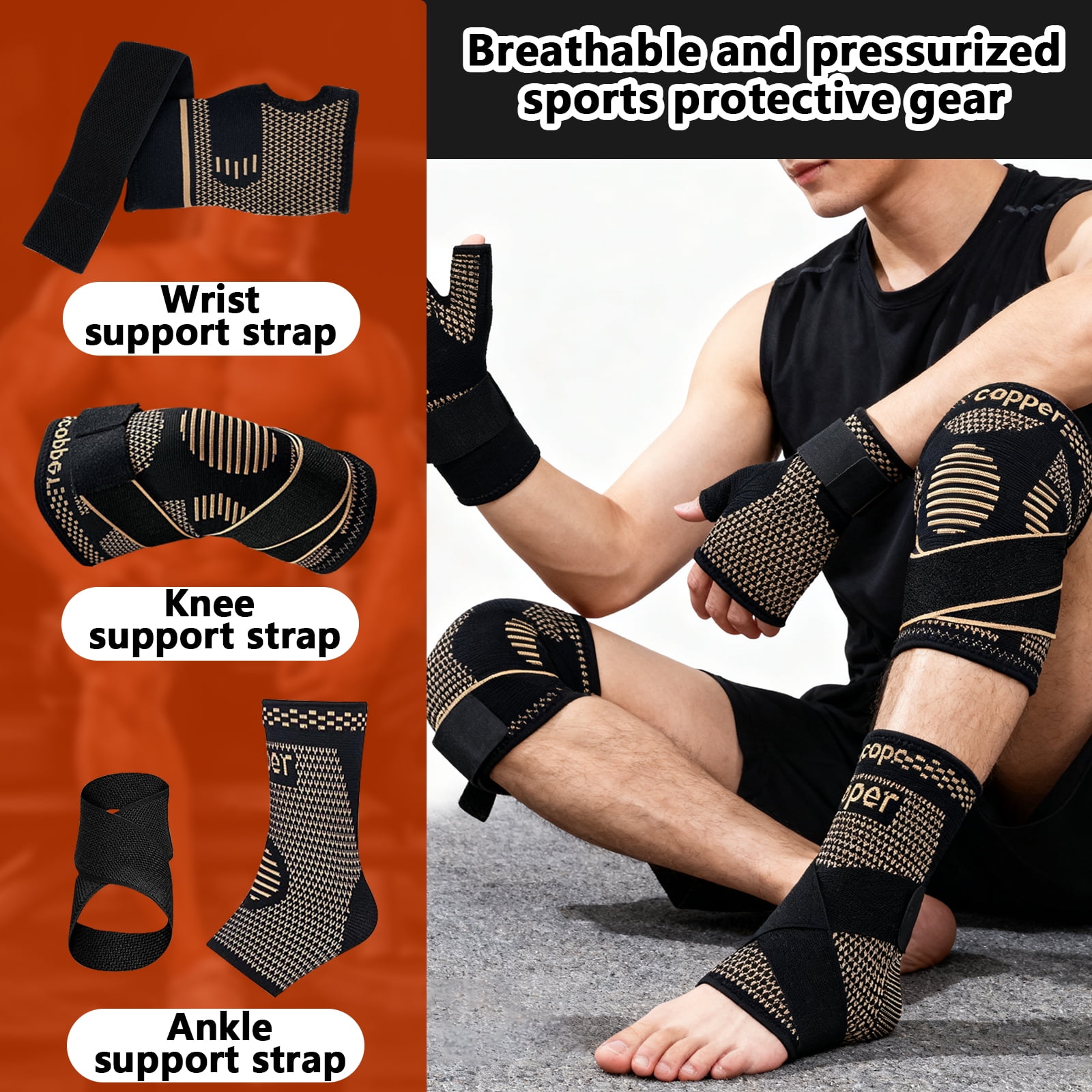 Arcticwind Copper Knee Braces+Ankle Braces+Wrist Braces,Elastic Knitting,Breathable Pressure Sports Protective Equipment,for Women and Men,Guard for Carpal Tunnel Relief,Sprain,Injuries,2 Pairs,S