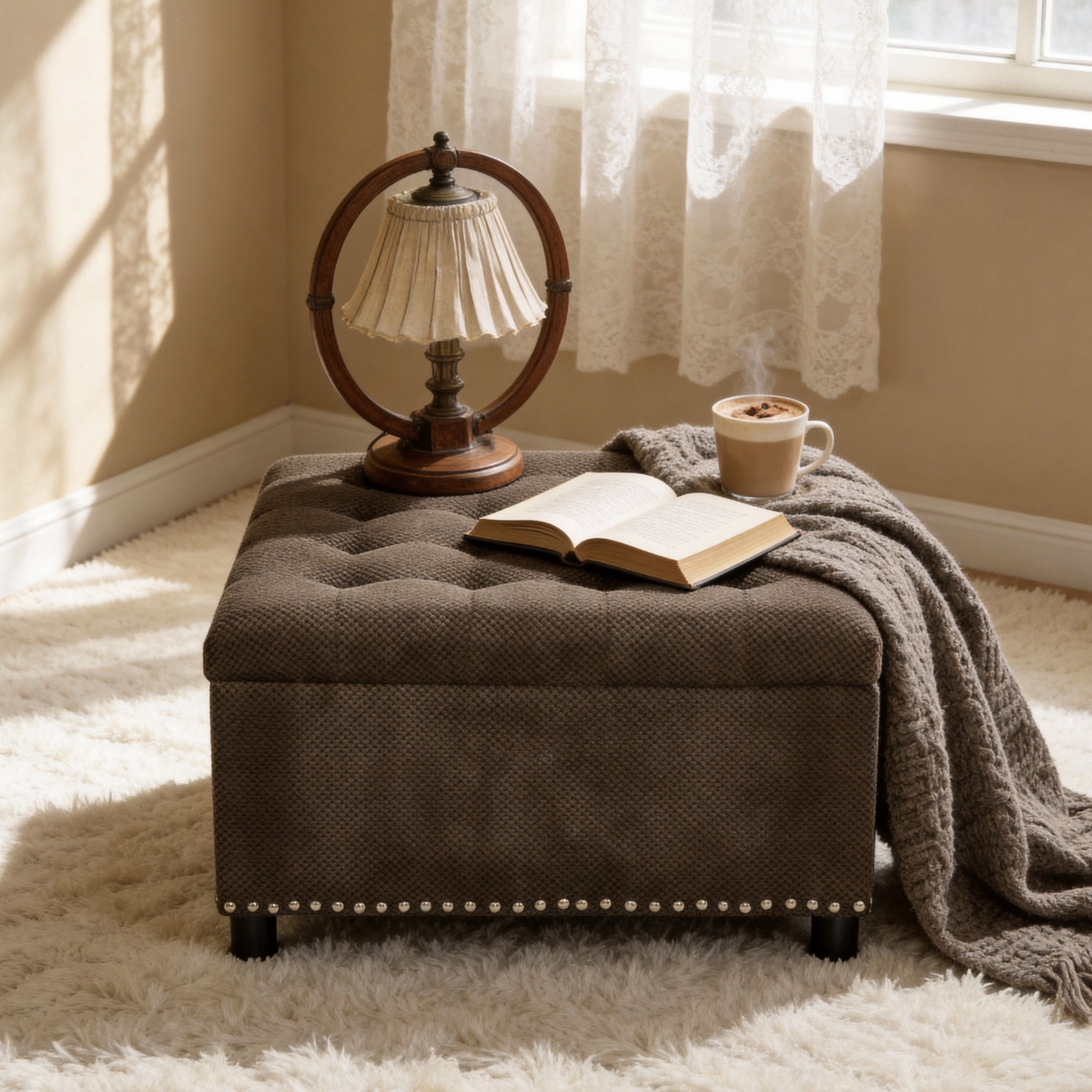 Noble House 30" Square Storage Ottoman with Tufted Top, Nailhead Trim, Coffee