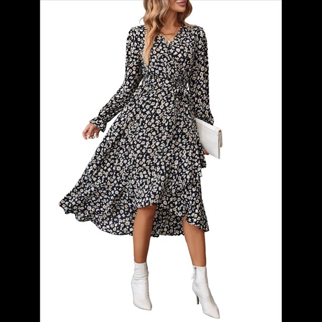 Vestido Maxi Bohemio Floral de Verano para Mujer, Cruzado, de Larga, con Cuello en V y Volantes, Corte A, Fluido, para Invitadas de Boda. Negro M
