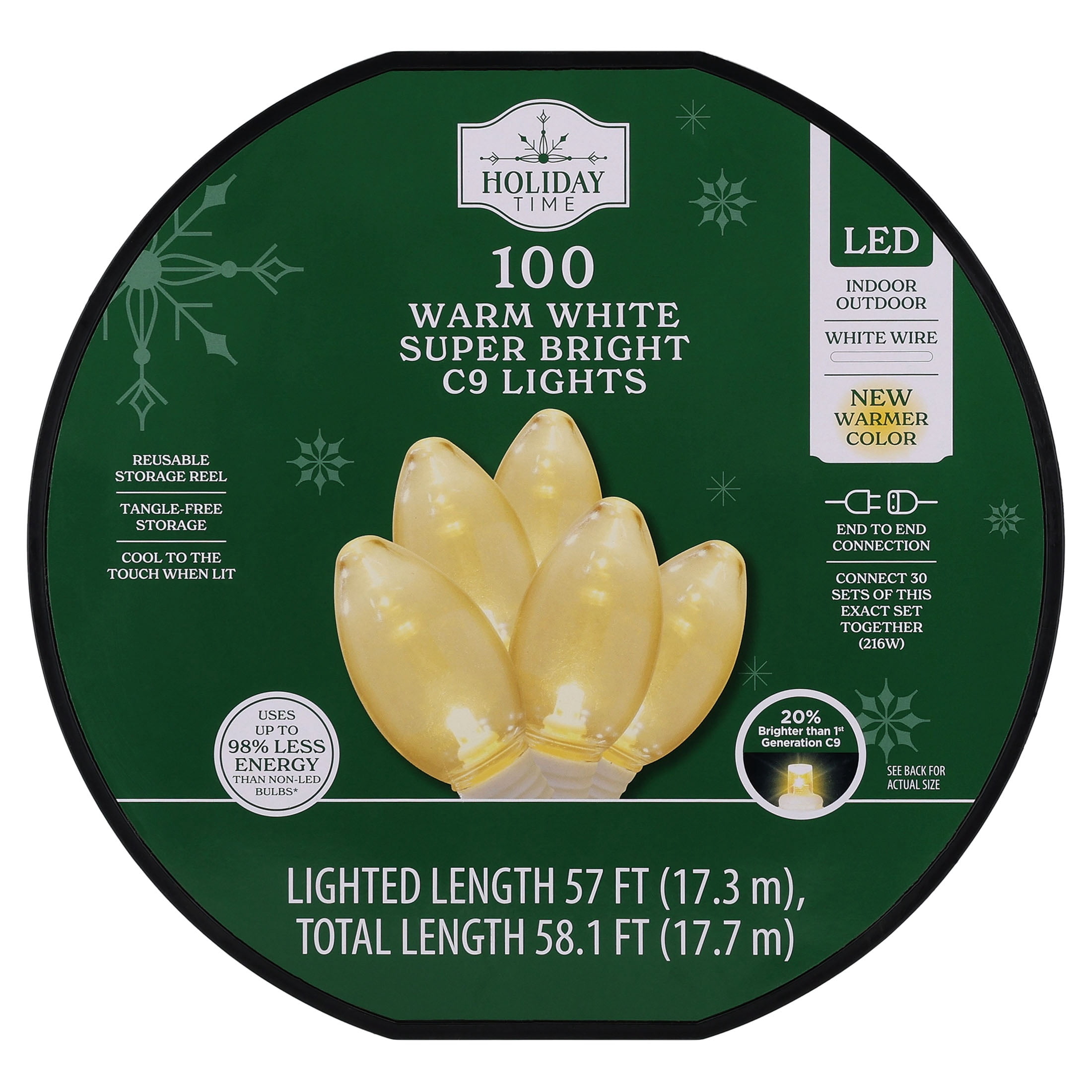 Indoor/Outdoor 100-Count LED Smooth C9 Christmas String Lights, Warm White, White Wire, 57', by Holiday Time