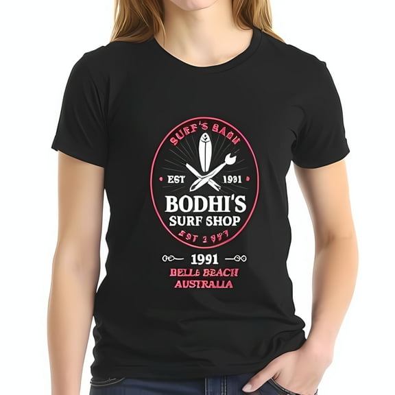 Vintage Bodhi's Surf Shop Black Cotton Short Sleeve T-Shirt with Retro Surfboards & Paintbrush Design Beach Australia