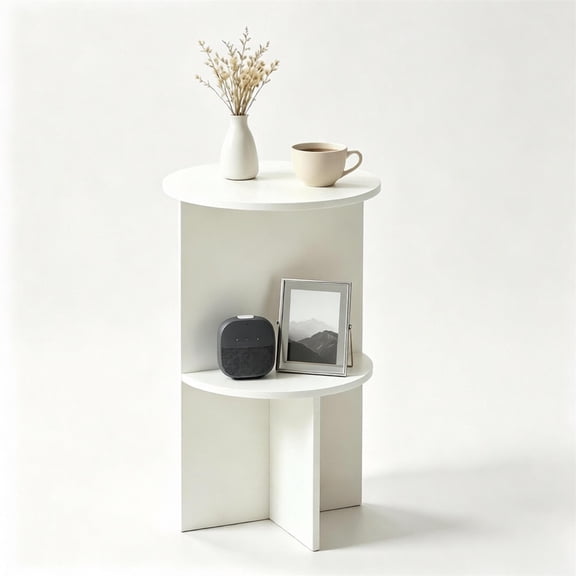 FUNA White 2-Tier Modern Side End Table Engineered Wood Accent Nightstand with Open Storage Shelf