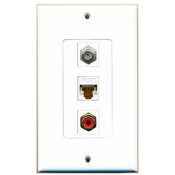 RiteAV - 1 Port RCA Red and 1 Port Coax Cable TV- F-Type and 1 Port Cat6 Ethernet White Decorative Wall Plate Decorative
