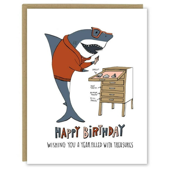 Funny Shark Birthday Card - "Happy Birthday Wishing You a Year Filled with Treasures" - Unique Design with Humorous Shark Character - Blank Inside, Envelope Included