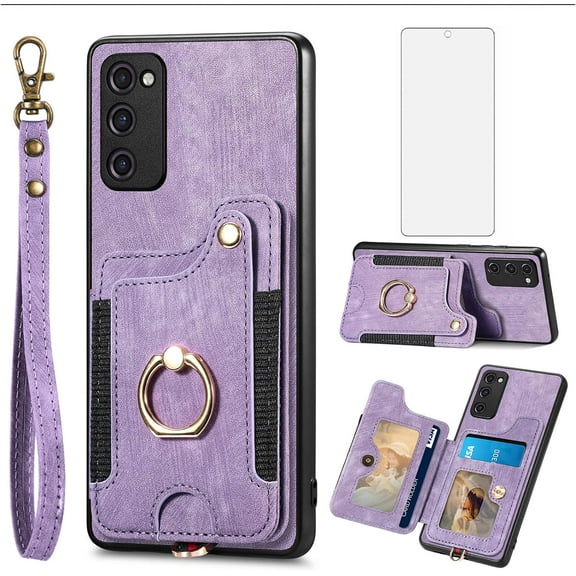 Phone Case for Samsung Galaxy S20 FE 5G 6.5 inch Wallet Cover with Screen Protector Wrist Strap Lanyard RFID Card Holder Ring Stand S 20 EF UW S20FE5G S20FE 20S S2O Fan Edition 4G G5 Women Men Purple