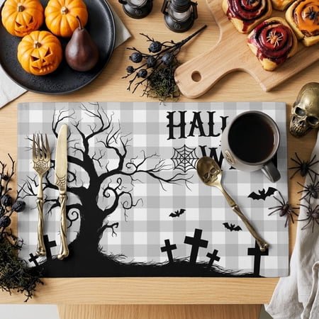Hallo Halloween Placemats Set of 8, Spooky Gnarled Tree Flying Bat Graveyard Hill Gray Plaid Heat Insulated Linen Place Mats, Washable Stain-Proof Table Mats for Dining Tables Holiday Decor 13"x19"