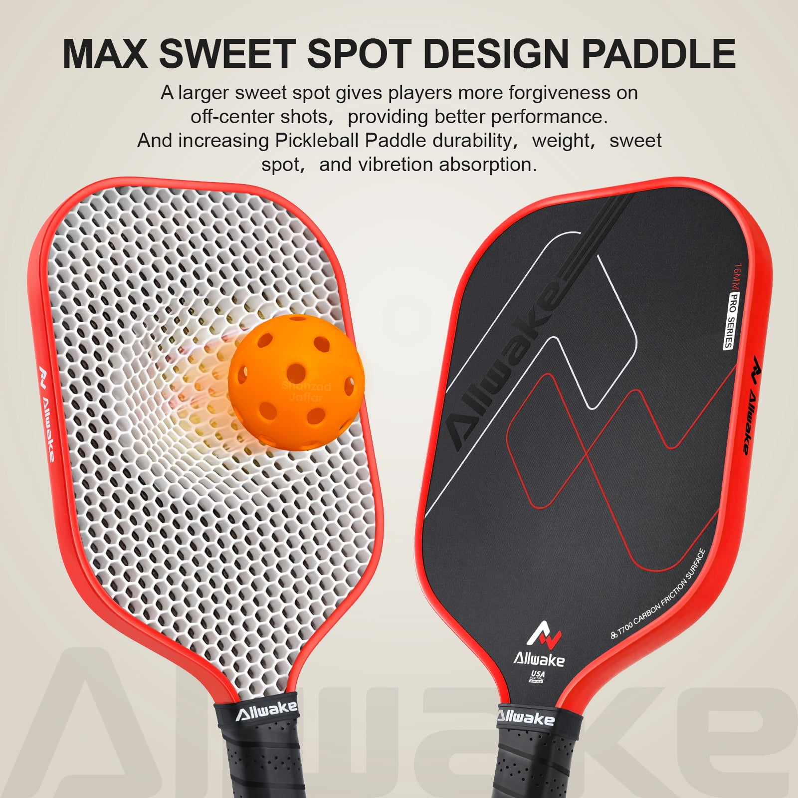 ALLWAKE Pickleball Paddles, Multi-Layer T700 Textured Carbon Fiber Pickleball Paddle, USAPA Approved Pickle Ball Paddle, Strong Power and Spin Surface