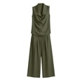 thumbnail image 6 of Women's 2 Piece Lounge Outfits Lapel Collar Cowl Neck Sleeveless Tank Tops and Baggy Wide Leg Pants Lightweight Vacation Outfits Army Green, 6 of 6