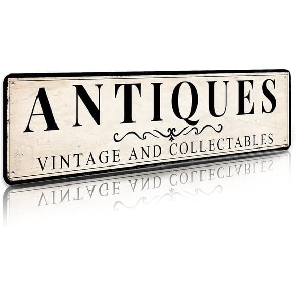 Vintage Antiques Store Wall Sign Rustic Retro Metal Plaque 4 x 16 Inches for Home or Cafe Decor