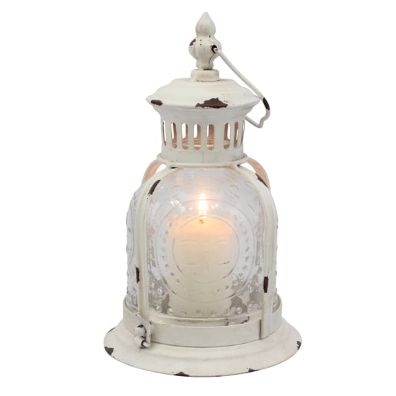 Stonebriar Indoor 10" Vintage Metal and Glass Candle Lantern, White
