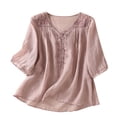 thumbnail image 1 of Camiseta de Trabajo de Manga Corta con Cuello en V Bordada con la Sensación de Lino, Transpirable Poliéster Spandex Top Casual para la Oficina de Verano, 1 of 9