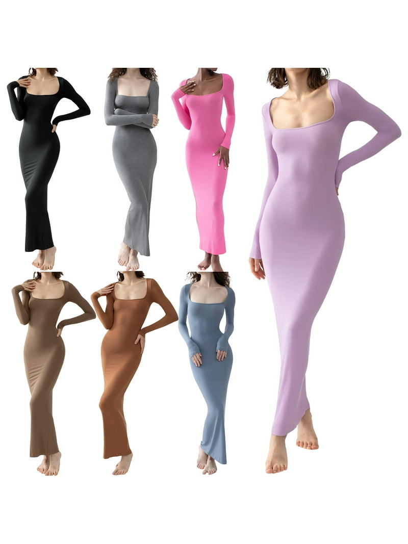 Women's Square Neck Ribbed Maxi Dress Long Sleeve Bodycon Pencil Dress Slim  Fit Knitted Mermaid Long Dresses - Walmart.com