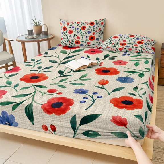 King Size Fitted Sheet Set - Watercolor Floral 3 Piece Bedding Sets 16" Deep Pocket Fitted Sheet with 2 Pillowcases, Spring Red Poppy Flower Botanical Beige Brushed Microfiber Hotel Luxury Bed Sheets