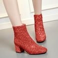 thumbnail image 2 of Women's Fashion Sequin Ankle Boots Square Toe Chunky Heel Mid Calf Booties Slip On Dress Boots with Side Zipper Red 6.5, 2 of 5