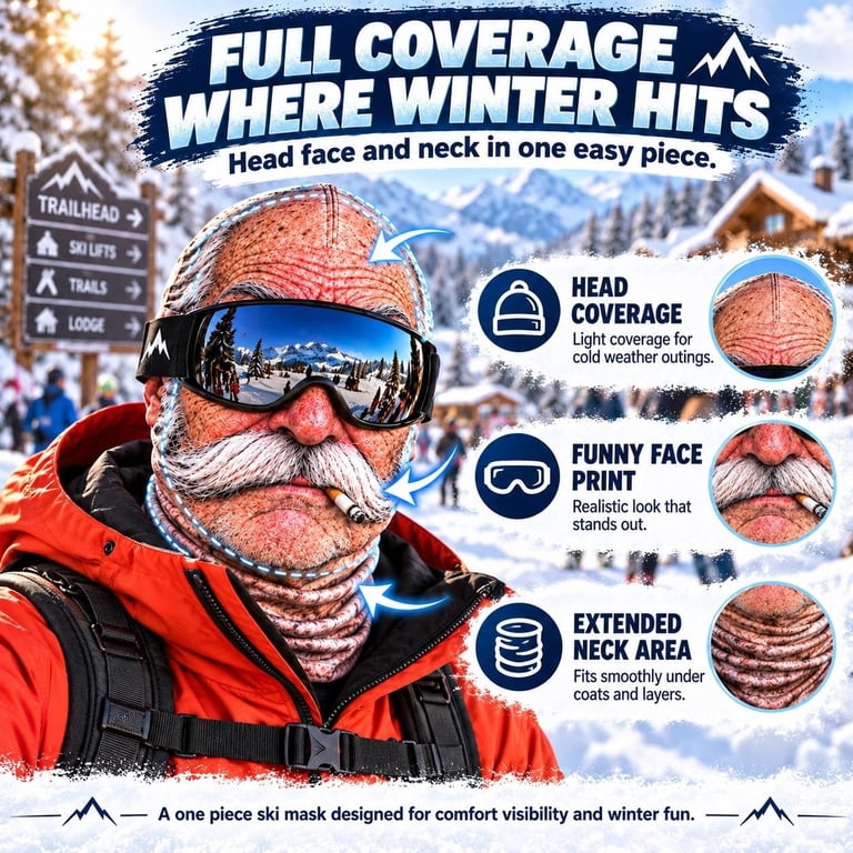 Old Man Ski Mask, Funny Realistic Face Print Balaclava with Full Face ...