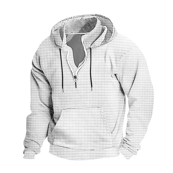 XIAONU Waffle-Knit Fleece Hoodies For Men Loose Half-Zip Pullover Top Retro Streetwear Sweatshirt With Pocket White XL