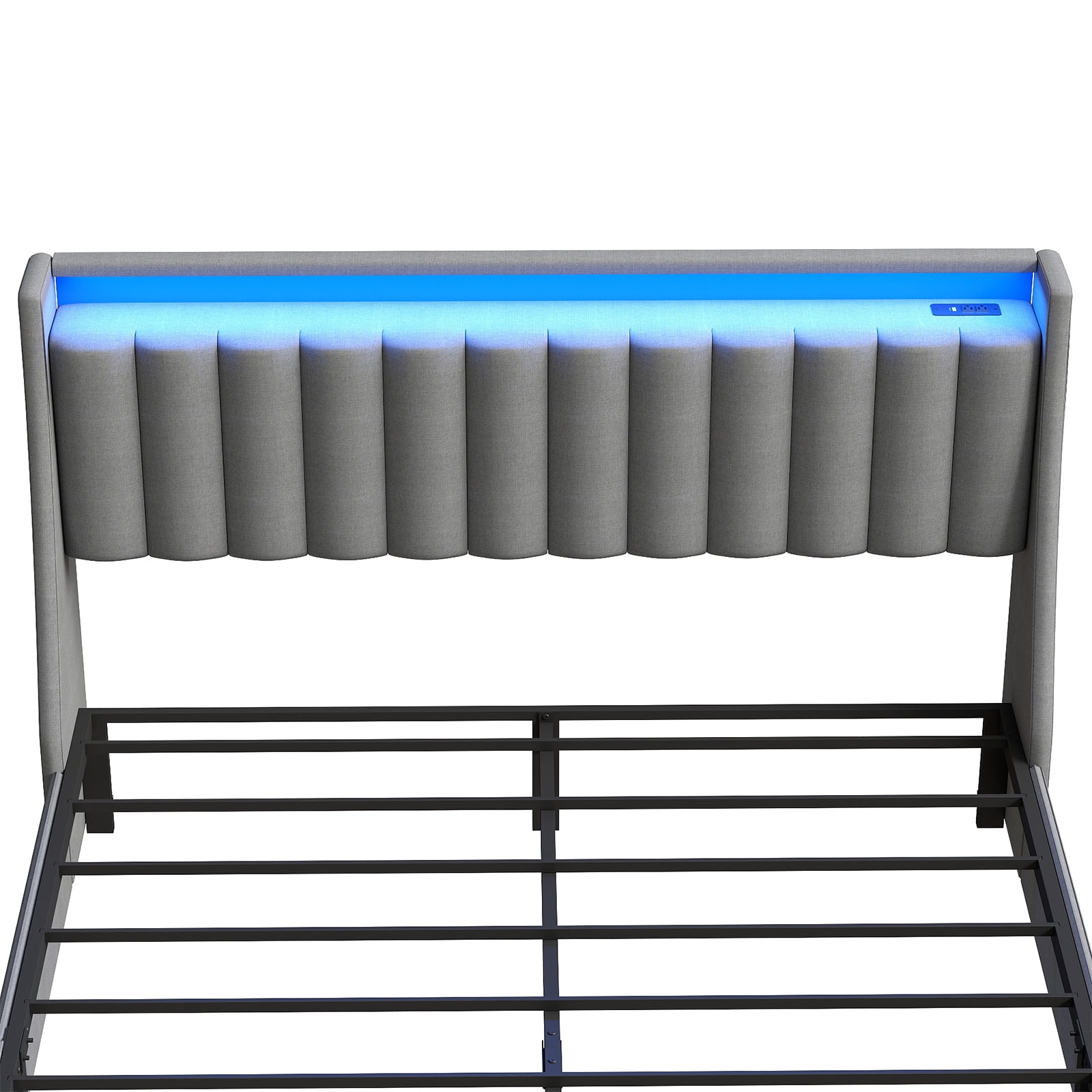 Mintazer Queen Size Tufted Upholstered Storage Bed Frame with LED Light & Charging Station, Platform Bed Frame with 2 Foot Drawers, No Box Spring Required, Grey