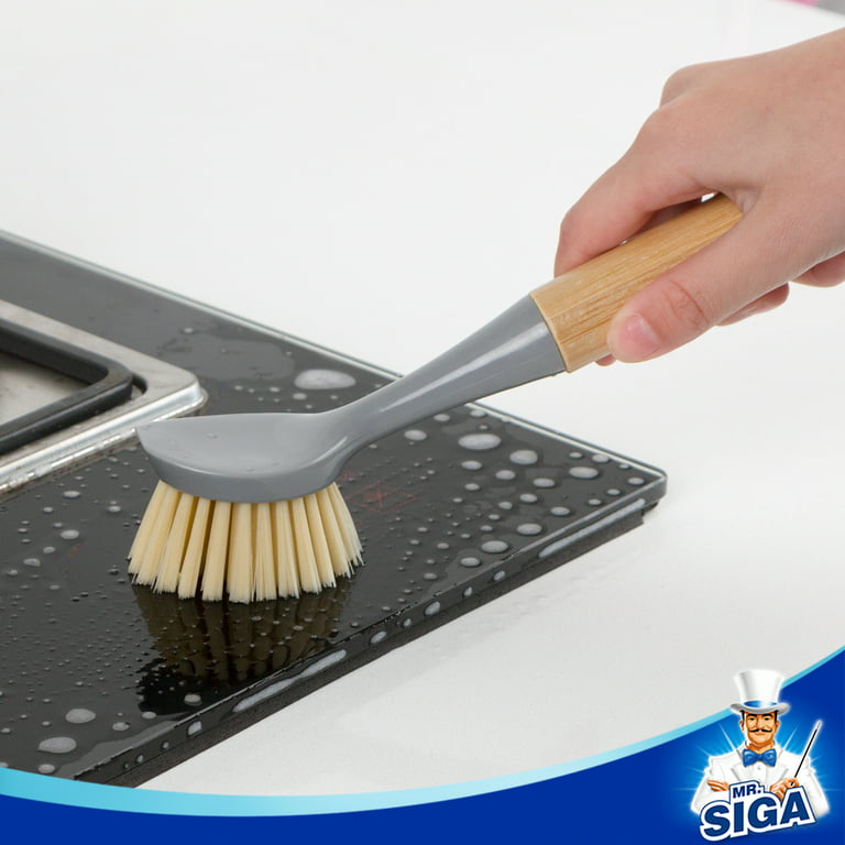 HOMCDALY Bamboo Dish Brush with Holder, Black Ceramic Dish Brush Holder, Kitchen Brushes for Dishes, Dish Scrub Brush, Kitchen Dish Brush and Holder