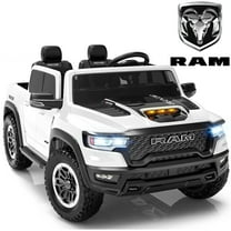 RAM 24V Ride on Cars for Tow Kids, RAM 1500 RHO 2 Seat Battery Powered Ride on Toys with Remote Control, 4 Wheels Suspension Trunk, LED Light, MP3 Player, Electric Car for Kids Boy Girl Gift, White