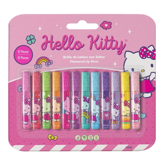 Set de Brillo Labial Hello Kitty con 12 Piezas y Tapa Decorada con Glitter, Regalo Ideal para Niñas - MAKEUPERIA