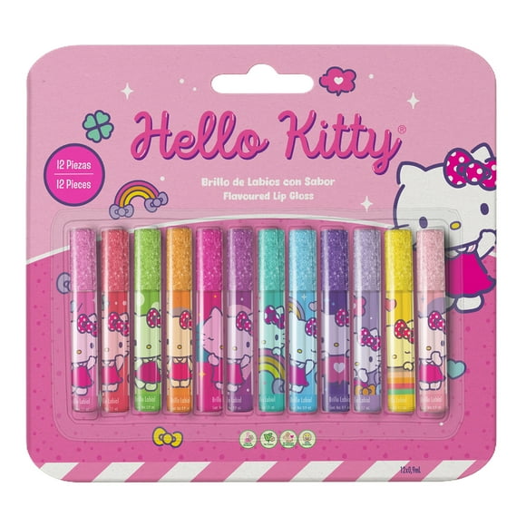 Set de Brillo Labial Hello Kitty con 12 Piezas y Tapa Decorada con Glitter, Regalo Ideal para Niñas - MAKEUPERIA