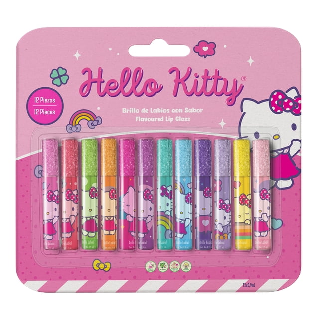 Set de Brillo Labial Hello Kitty con 12 Piezas y Tapa Decorada con Glitter, Regalo Ideal para Niñas - MAKEUPERIA