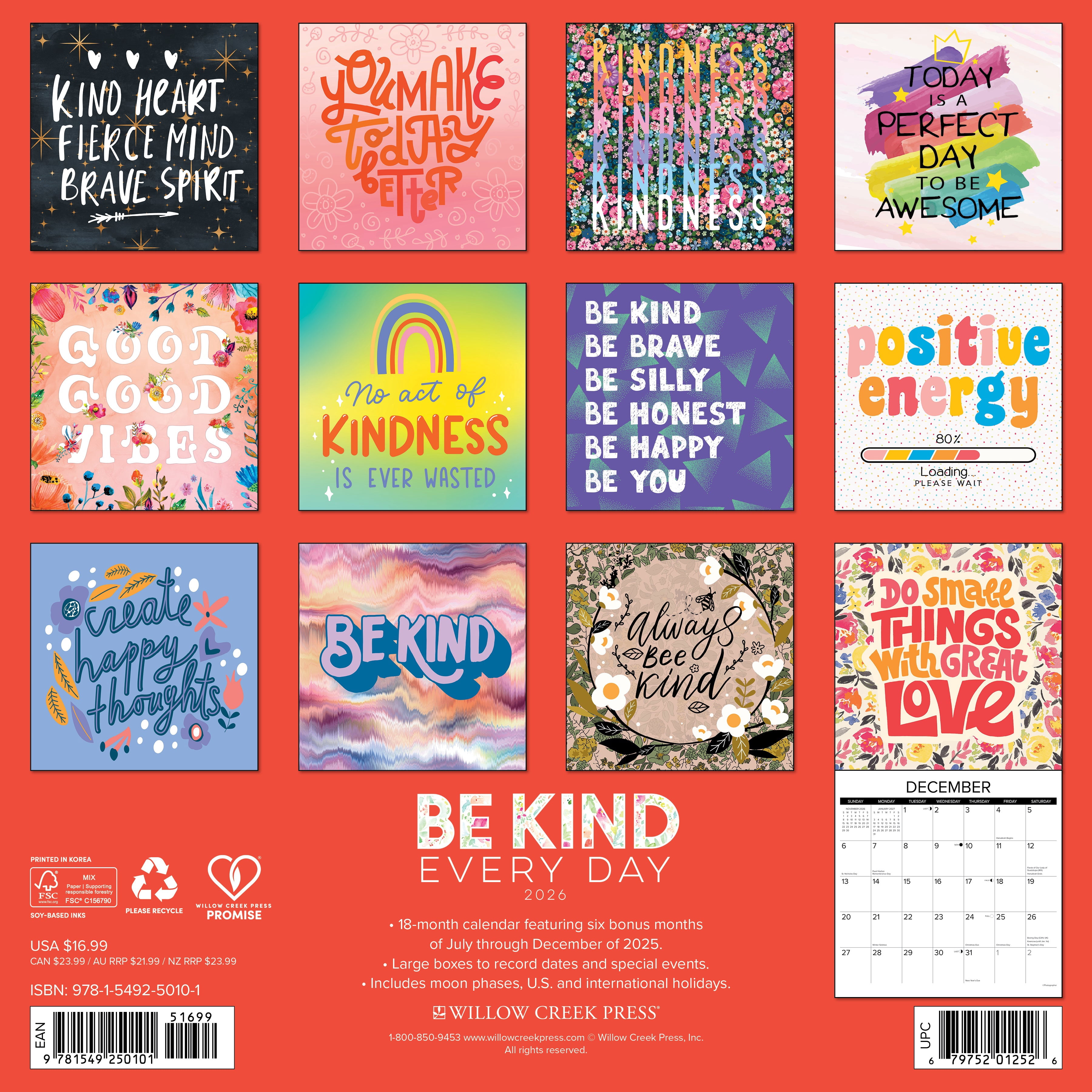 Be Kind Every Day 2026 Wall Calendar, (Paperback)
