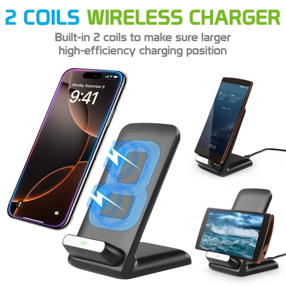 Cellet 2-Coils 10Watt / 2.1Amp Wireless Charger, Fast Wireless Charging Stand for All Wireless (Qi) Enabled Devices - Black