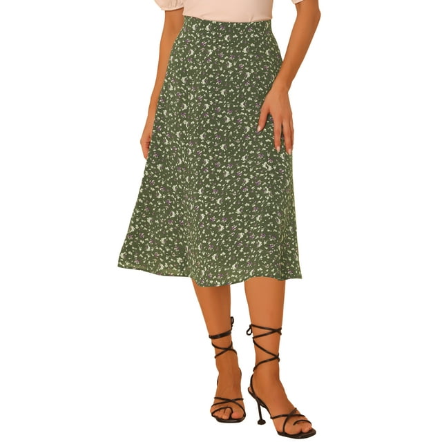 Unique Bargains Jupe Paysanne pour Femme à Taille Élastique, Ligne A, Midi, Imprimé Feuilles, Vert Armée, P