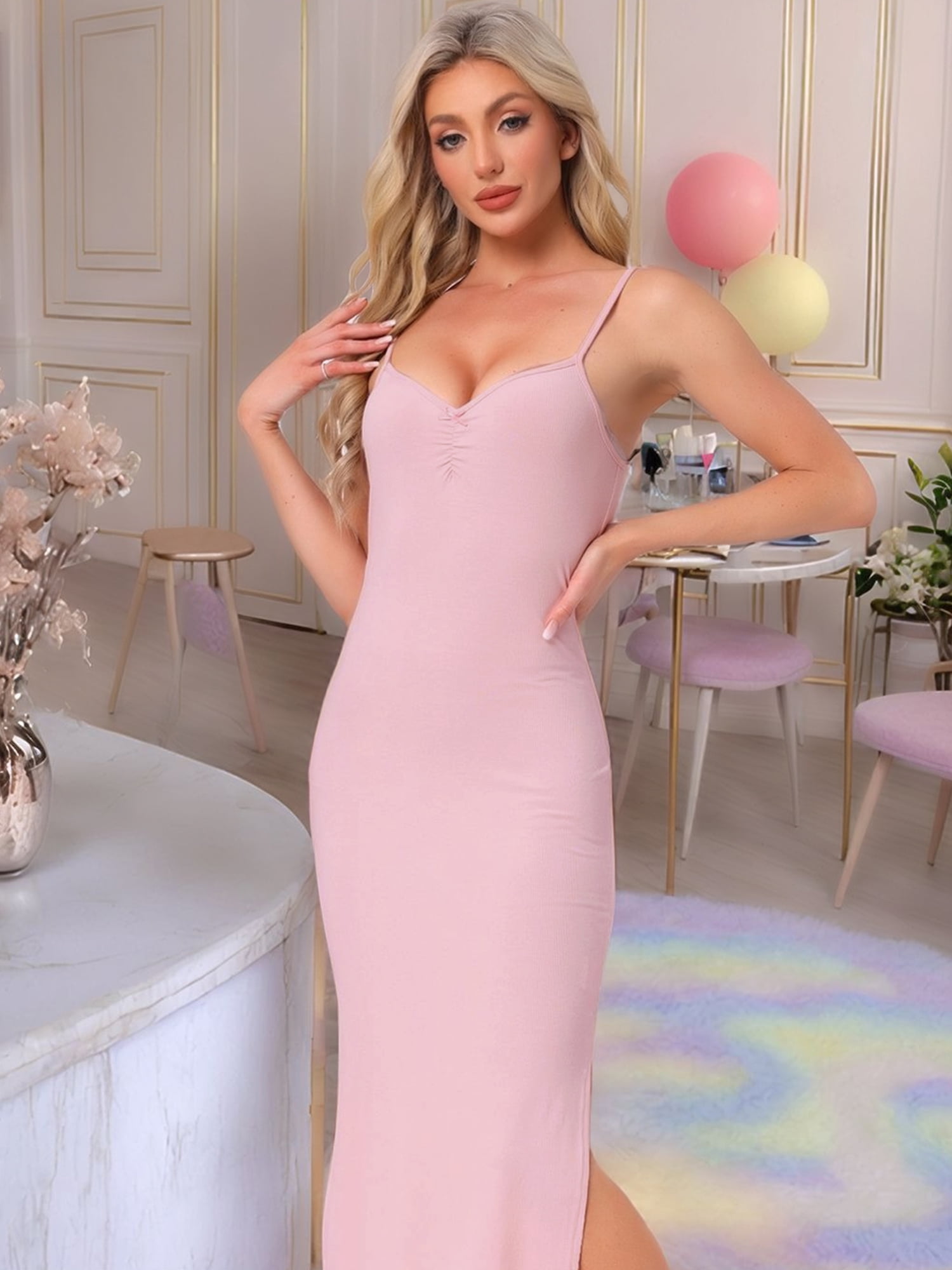 DARING DIVA Women's Sleeveless Nightgown Ribbed Knit Lounge Pajama Dress M Pink
