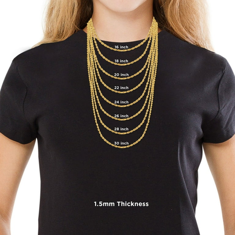 14K Yellow Gold Diamond Cut Rope Chain Necklace for Men and Women Measures 1.5mm Thickness x 22 Inches Length