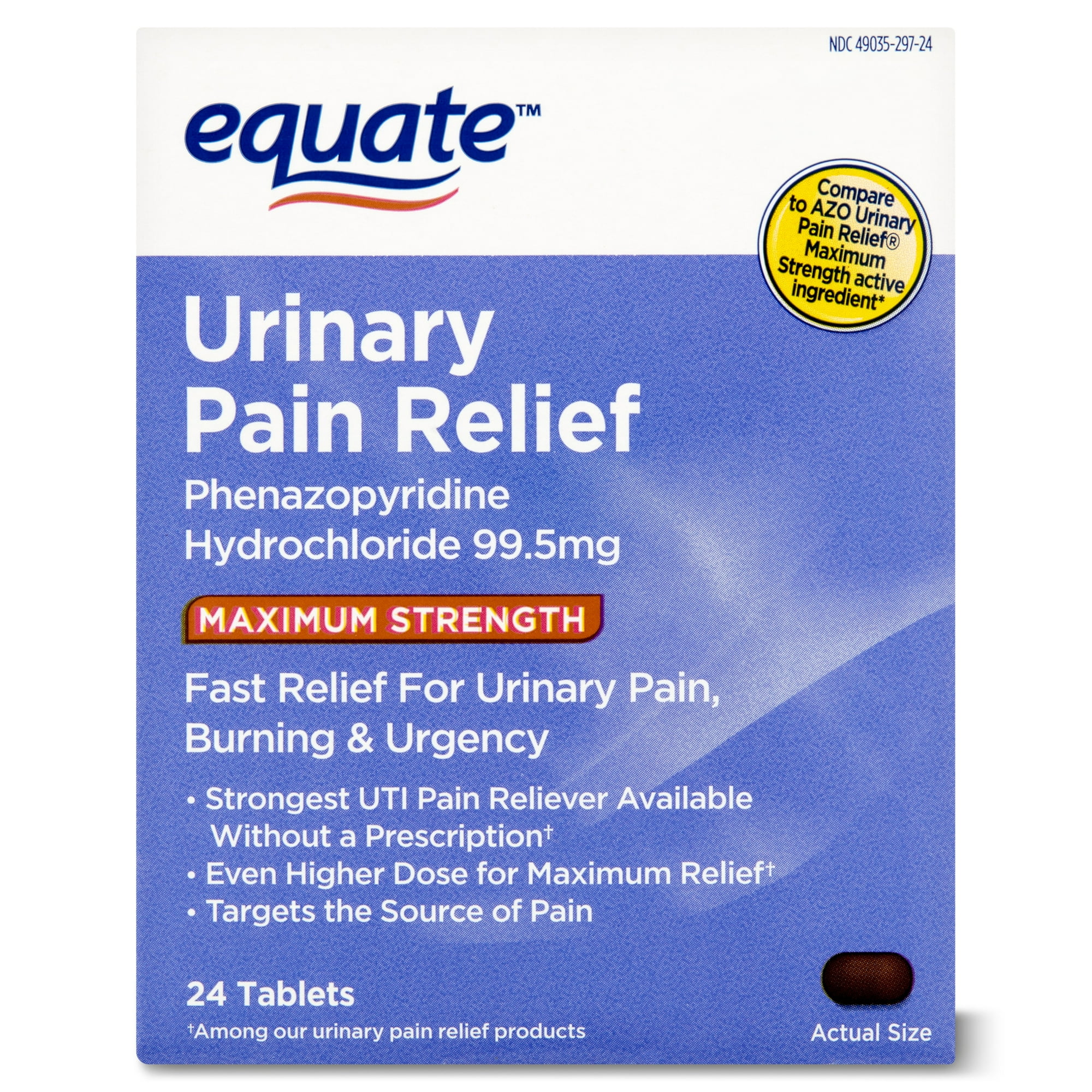 Equate Maximum Strength Urinary Pain Relief Phenazopyridine Tablets, 99.5 mg, 24 Count