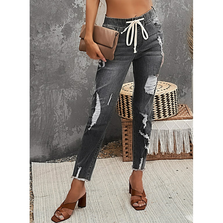 Denim Drawstring High Waisted Front Distressed Joggers – The House