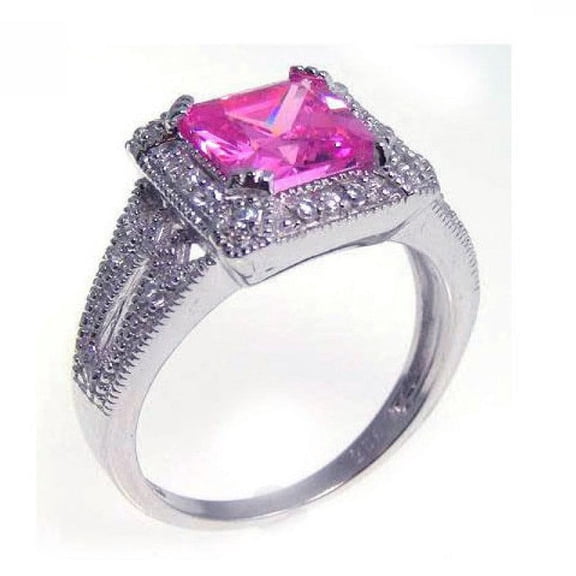 Sterling Silver 925 Rhodium Plated Princess Cut Pink Halo Ring Cubic Zirconia Jewelry Female Size 6