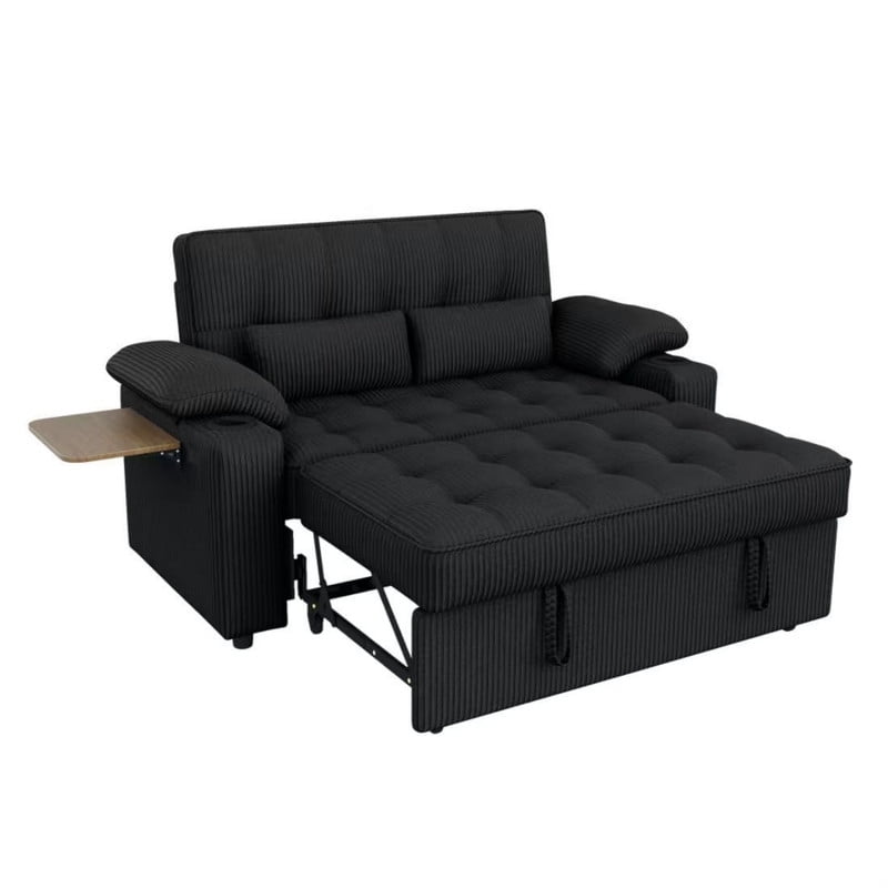 58" Sleeper Sofa Bed, Full Size Pull Out Couch, Convertible Loveseat Sofa with 5-Level Adjustable Backrest, USB Charging Ports, Cup Holders & Foldable Side Table, for Living Room, Apartment & Office