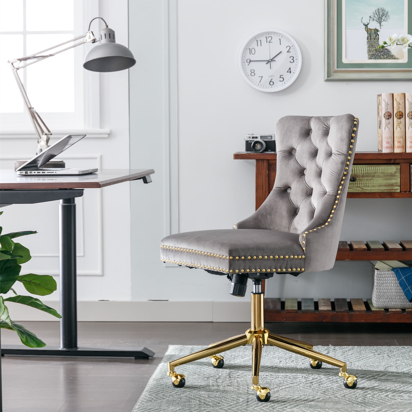 MAYEERTY Velvet Upholstered Office Chair - Tufted Buttons, Golden Metal Base, Adjustable Swivel, Gray