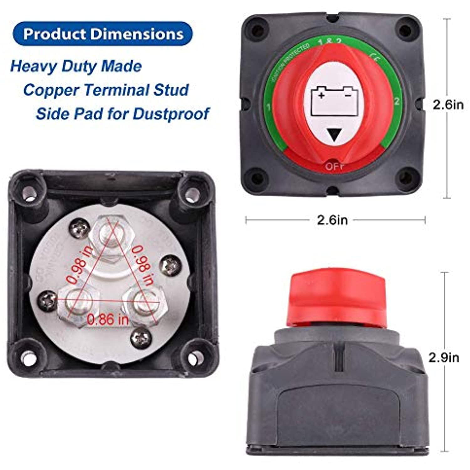Allaind Battery Disconnect Switch 12V 24V 48V 60V Battery Master Cut Off Isolator Switch Waterproof for Marine Boat Auto Camper RV ATV UTV Vehicles Military Quality On/Off Position 