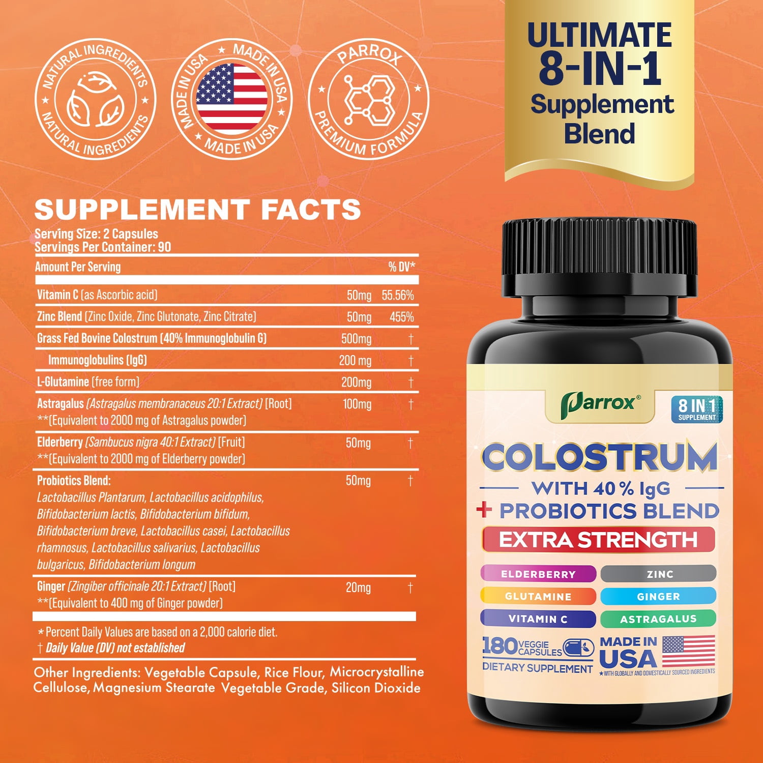 Parrox Colostrum Supplement Capsule, Grass Fed Cow Colostrum with 40% IgG, Probiotics Blend, Elderberry, Astragalus, Zinc, Ginger, Vitamin C, L-Glutamine, 8 in 1 Extra Strength Bovine Boost(180 Caps)