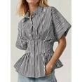 thumbnail image 5 of Striped Button Down Shirts for Women Short Sleeve Pleated Corset Blouse Casual Summer Black Strips S, 5 of 6