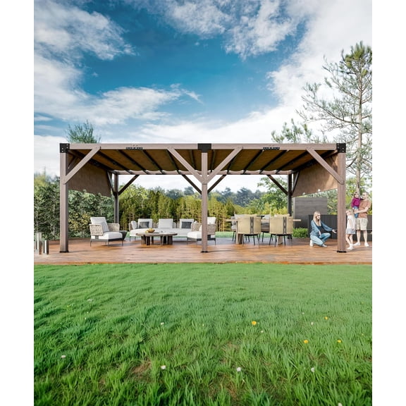 Retractable Canopy Wood Pergola – 12x20 FT Large Solid Wood Structure, Reddish-Brown Outdoor Gazebo for Backyard, Deck & Garden Shade