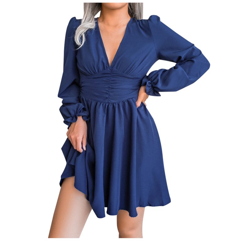 Gakvbuo Gakvov Fall Dresses for Women 2022 Savings Clearance Long Sleeve Dress for Women Wedding Guest Slim Tunic Dreses V Neck Ruffle Knee Length A-