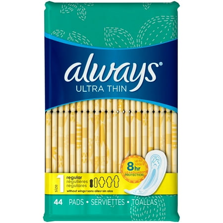 Always Ultra Thin Size 1 Regular Pads Without Wings, Unscented, 44 Count