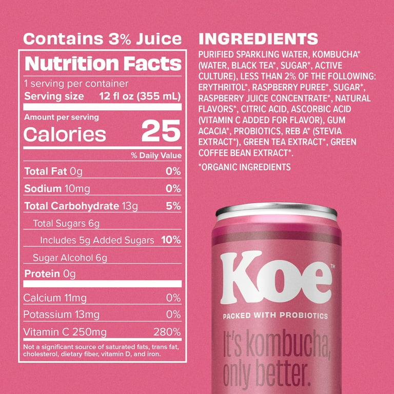 Koe Organic Kombucha Cans, Raspberry Dragonfruit | Sparkling Fruit