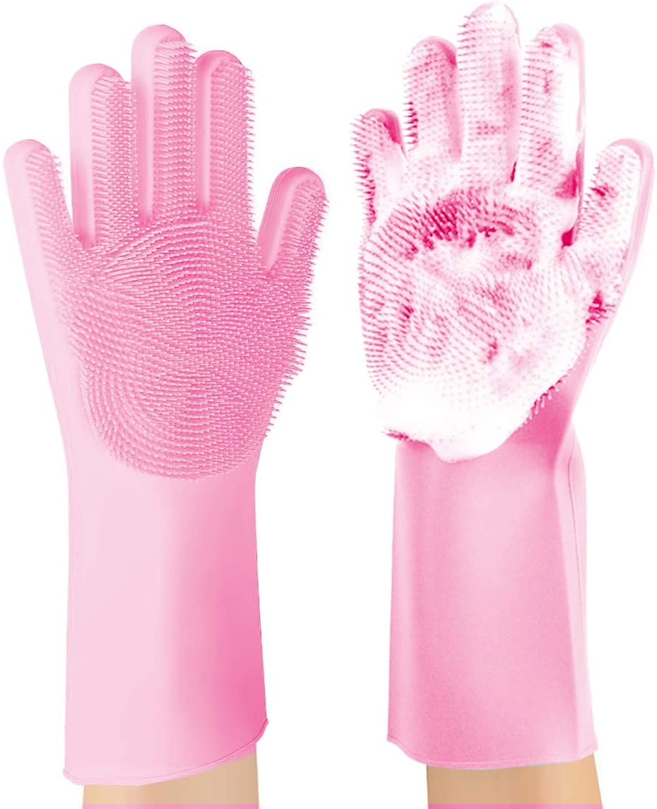 1 Pair Cleaning Sponge Gloves, Dishwashing Gloves, Silicone Reusable Cleaning Brush Heat