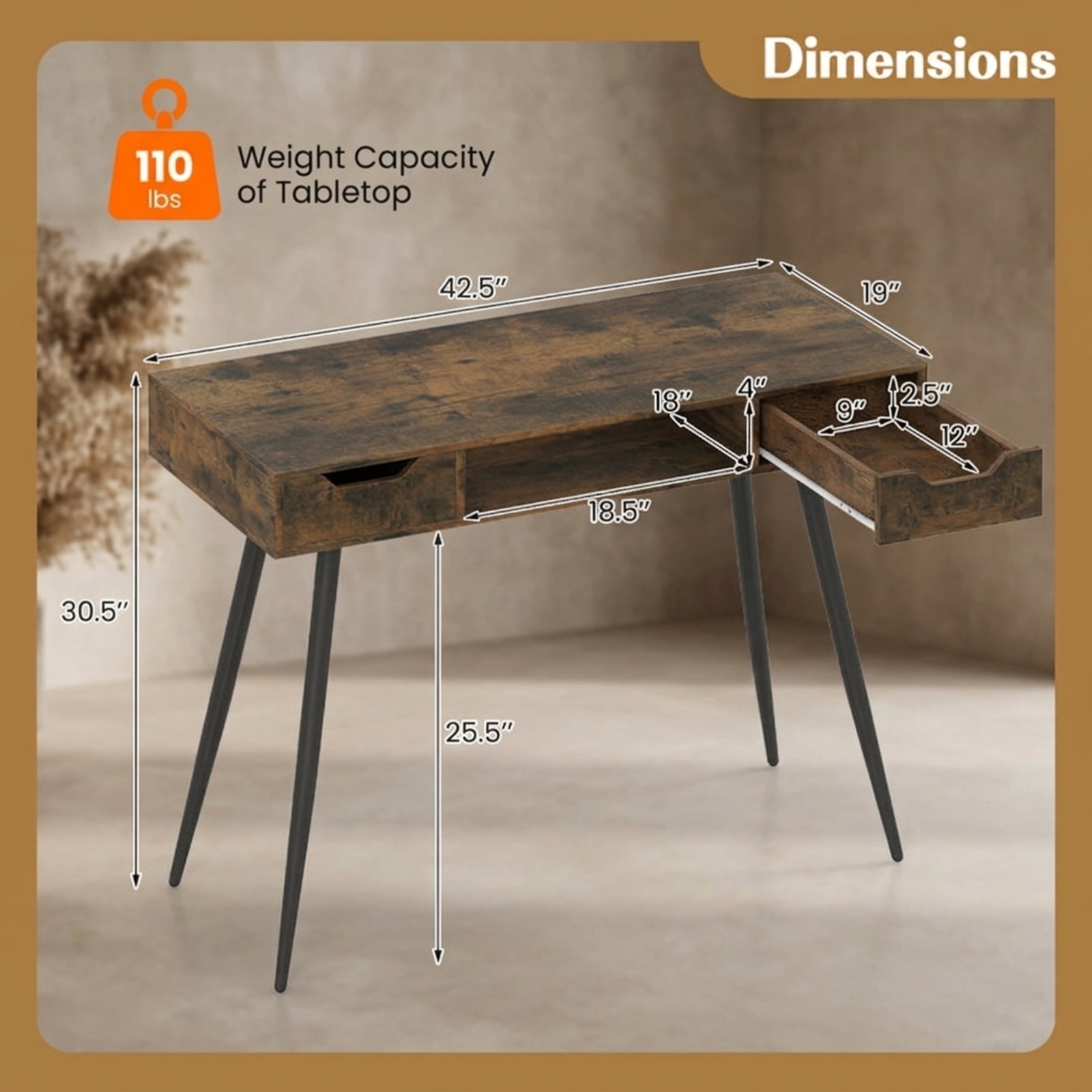 Furnibear Writing Desk 42.5 Inch Mid Century Modern Desk with Metal Legs and Drawers, Home Office Computer Desk with Storage, Rustic Brown