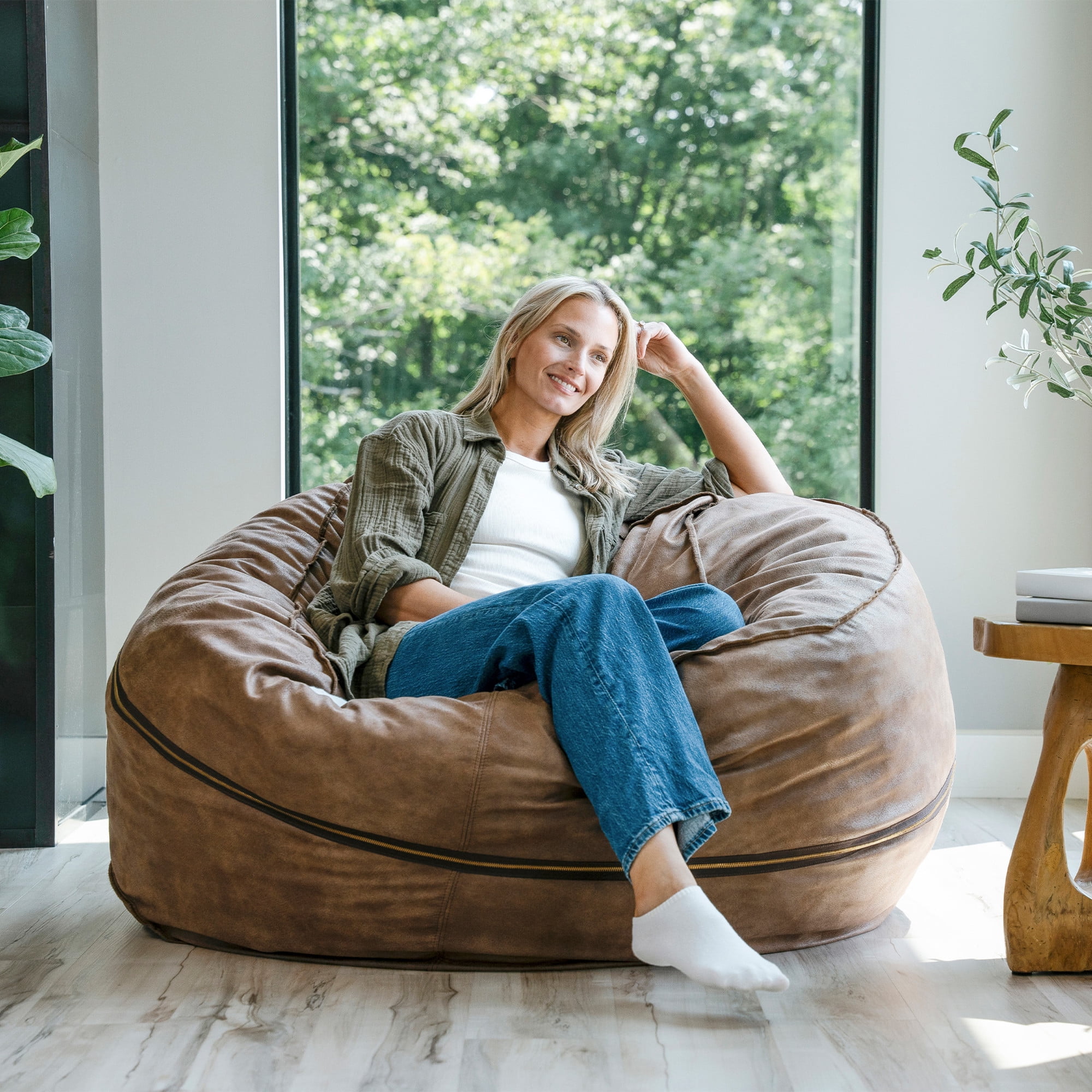 Big Joe Fuf 5Ft Oversized Foam Bean Bag Chair for Kids, Teens, Adults, Coffee Soft Vegan Leather, 5 foot Large Reading and Gaming Seat