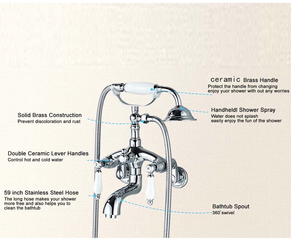 Chrome Clawfoot Tub Faucet Wall Mount Bathtub Faucet Set with Handheld Shower